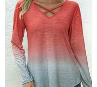 Shein Camiseta de manga larga con cuello en V y cruce en el pecho, estilo de vacaciones, con efecto degradado para mujer