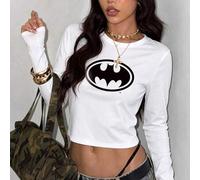 Shein Camiseta de manga larga con cuello redondo ajustada para mujer, ropa para mujer para primavera y verano, estampado estilo cómic americano, vacaciones,