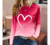 Shein Camiseta de manga larga con cuello redondo, estampado de corazón y efecto degradado, de corte estándar