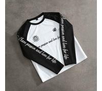Shein Camiseta de manga larga con cuello redondo y mangas raglán de color contrastante con estampado de letras e iconos, adecuada para la vida diaria, salid