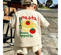 Shein Camiseta de manga larga con estampado de pasta para bebé niño, camiseta casual de otoño con cuello redondo, estampado lindo de tomate, tenedor y letra
