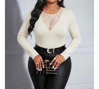 Shein Camiseta de manga larga de cuello redondo de punto elegante negra con encaje de contraste y talla grande, para primavera, verano, otoño e invierno, Ha