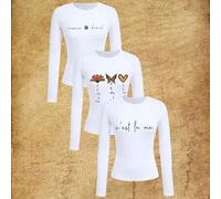 Shein Camiseta de manga larga de otoño para mujer, 3 piezas, tops ajustados, estampado de letras "This Is Life", patrón de flores, mariposas y corazones, ve