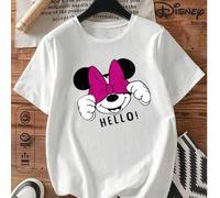 Shein Camiseta de Minnie genuina de Disney, suave para la piel y transpirable, la linda Minnie con un lazo rosa para cubrir los ojos dice HOLA, diversión in