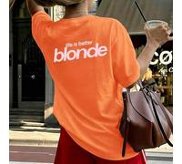 Shein Camiseta de mujer 100% algodón, top con diseño de niña rubia, nueva ropa deportiva casual de estilo preppy para primavera/verano para mujeres