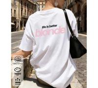 Shein Camiseta de mujer 100% algodón, top con diseño de niña rubia, nueva ropa deportiva casual de estilo preppy para primavera/verano para mujeres