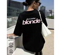 Shein Camiseta de mujer 100% algodón, top con diseño de niña rubia, nueva ropa deportiva casual de estilo preppy para primavera/verano para mujeres