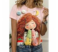 Shein Camiseta de mujer casual de cuello redondo y manga corta con estampado 3D de dibujos animados lindos de Buenas Noches Luna, conjunto de verano rosa