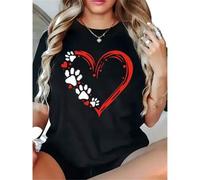 Shein Camiseta de mujer con diseño de corazón y huella de pata para el Día de San Valentín - Camiseta negra casual de manga corta, estampado rojo y blanco,
