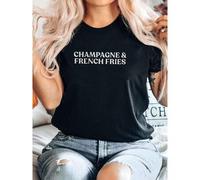 Shein Camiseta de mujer con estampado de champán y papas fritas, camiseta con estética francesa, camiseta gráfica de amante de la comida, camiseta divert