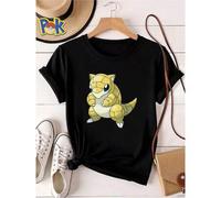 Shein Camiseta de mujer con estampado de Cubone de la serie Pokémon amarilla, camiseta de manga corta con diseño de dibujos animados, camiseta gráfica casua
