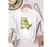 Shein Camiseta de mujer con estampado de Cubone de la serie Pokémon amarilla, camiseta de manga corta de dibujos animados, camiseta gráfica casual suave uni