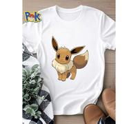 Shein Camiseta de mujer con estampado de juguete de peluche con imagen de dibujo animado de Eevee, de color marrón y blanco, de moda, suave, de diseñador, r