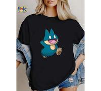 Shein Camiseta de mujer con estampado de juguete de peluche del personaje Quaxly de Pokémon, azul, versátil, transpirable, ropa de diseñador, cómoda, casual