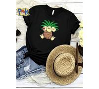 Shein Camiseta de mujer con estampado de juguete de peluche lindo con Body de dibujo animado marrón de tres caras y hojas verdes, transpirable y ligerament