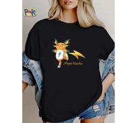 Shein Camiseta de mujer con estampado de la Mega Evolución de Pikachu, de manga corta, cómoda, suave, de moda unisex, con gráfico estirado para uso diario,