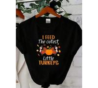 Shein Camiseta de mujer con estampado de "Lunch Lady Thanksgiving I Feed The Cutest Little Turkeys". Camiseta cómoda y transpirable para uso diario, ropa de