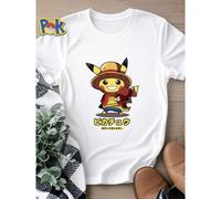 Shein Camiseta de mujer con estampado de manga corta, con patrón de Pikachu en estilo Chopper, transpirable, casual, de calle, con estiramiento, moda, lige