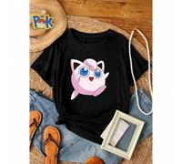 Shein Camiseta de mujer con estampado de muñeca de peluche rosa linda, imagen de dibujos animados de Pokémon, cuello redondo, manga corta, versátil para
