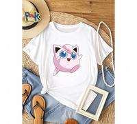 Shein Camiseta de mujer con estampado de muñeca de peluche rosa linda, imagen de dibujos animados de Pokémon. Cuello redondo, manga corta, versátil para