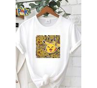 Shein Camiseta de mujer con estampado de pegatinas de Pokémon Slime Rancher, cuello redondo, manga corta, ropa de diseñador, ropa de calle suave, casual, li