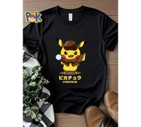Shein Camiseta de mujer con estampado de Pikachu al estilo detective, camiseta amarilla de dibujos animados, top elástico para uso diario, camiseta de moda