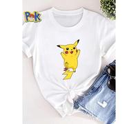 Shein Camiseta de mujer con estampado de Pikachu, camiseta de manga corta con patrón de dibujos animados, camiseta de verano para mujer de estilo casual, s