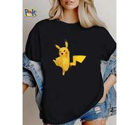 Shein Camiseta de mujer con estampado de Pikachu de dibujos animados amarillo, juguete de peluche, gráfico de moda versátil para uso diario, ropa de diseñad