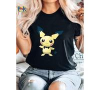 Shein Camiseta de mujer con estampado de Pikachu de dibujos animados, juguete de peluche amarillo, gráfico de mujer, ropa de diseñador suave y transpirable,