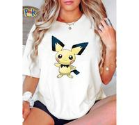 Shein Camiseta de mujer con estampado de Pikachu de dibujos animados, juguete de peluche amarillo, gráfico de mujer, ropa de diseñador suave y transpirable,