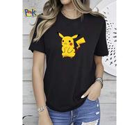 Shein Camiseta de mujer con estampado de Pikachu de dibujos animados, juguete de peluche amarillo para uso diario, suave, transpirable, versátil, casual, li
