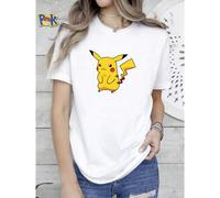 Shein Camiseta de mujer con estampado de Pikachu de dibujos animados, juguete de peluche amarillo para uso diario, suave, transpirable, versátil, casual, li
