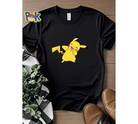 Shein Camiseta de mujer con estampado de Pikachu lindo, sudadera con estampado amarillo de cuello redondo, de manga corta, casual y versátil, ropa de diseÃ