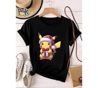 Shein Camiseta de mujer con estampado de Pikachu navideño, juguete de peluche amarillo adorable, prenda versátil unisex con estampado ligero, cuello redondo