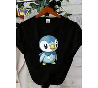 Shein Camiseta de mujer con estampado de Piplup de Pokémon, juguete de peluche de dibujos animados lindo, ropa de diseñador para uso diario, versátil, de mo
