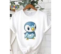 Shein Camiseta de mujer con estampado de Piplup de Pokémon, juguete de peluche de dibujos animados lindo, ropa de diseñador para uso diario, versátil, de mo