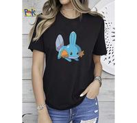 Shein Camiseta de mujer con estampado de Pokémon Piplup, muñeco de peluche de pingüino azul de dibujos animados, cómoda y versátil para uso diario, ropa grá
