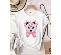 Shein Camiseta de mujer con estampado de Pokémon rosa lindo, muñeco de peluche de dibujos animados, casual, ligeramente femenina, gráfica versátil, cuello r