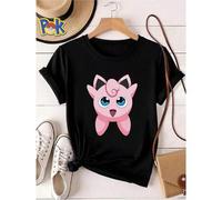 Shein Camiseta de mujer con estampado de Pokémon rosa lindo, muñeco de peluche de dibujos animados, casual, ligeramente femenina, gráfica versátil, cuello r