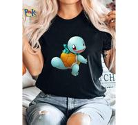 Shein Camiseta de mujer con estampado de Squirtle de Pokémon, muñeco de peluche azul, ropa de calle para uso diario, casual, suave, moda femenina, cómoda, l