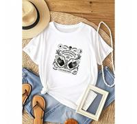 Shein Camiseta de mujer con estampado de tabla ouija, camiseta de Halloween, camiseta con vibras brujas, camiseta con manos de hamsa, celestial, camiseta co