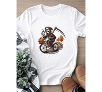 Shein Camiseta de mujer con estampado del Segador Sombrío montado en una bicicleta sosteniendo un café con una calabaza, camiseta unisex de esqueleto y cala