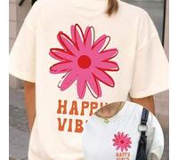 Shein Camiseta de mujer con estampado floral Happy Vibes para primavera/verano, 100% algodón, ropa de mujer talla grande, top holgado de cuello redondo para