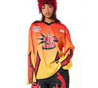 Shein Camiseta de mujer con estampado gráfico de cuello en V, manga larga, efecto degradado de llama, estilo motociclista, hockey, oversized, prenda de vest