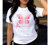 Shein Camiseta de mujer con estampado motivacional "Sé tú misma": informal, de manga corta y cuello redondo, ideal para el verano, versátil para combinar, p