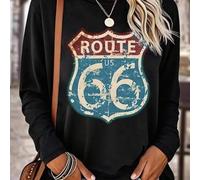 Shein Camiseta de mujer con estampado retro de la Ruta 66, camiseta de manga larga casual de mujer con estampado de lema, primavera/verano, lavable a máquin