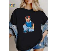 Shein Camiseta de mujer con estampado, top de manga corta con diseño de Ash Ketchum de Pokémon en color azul para uso diario, ropa de diseñador suave, li