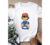 Shein Camiseta de mujer con gráfico impreso de Ash Ketchum de Pokémon - Diseño azul y blanco con impresión del icónico personaje. Ropa cómoda y ligera