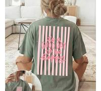 Shein Camiseta de mujer con rayas rosas y gráfico "It's A GOOD DAY To Be Happy", top de algodón, top de cuello redondo holgado para mujer talla grande