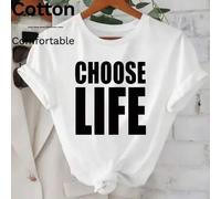 Shein Camiseta de mujer de 97 % algodón acanalado con estampado de letras negras "Choose life", estilo universitario, drapeada, suave, transpirable, de mang